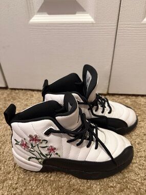Jordan Kids White and Black High-Top Sneakers with Pink Floral Embroidery